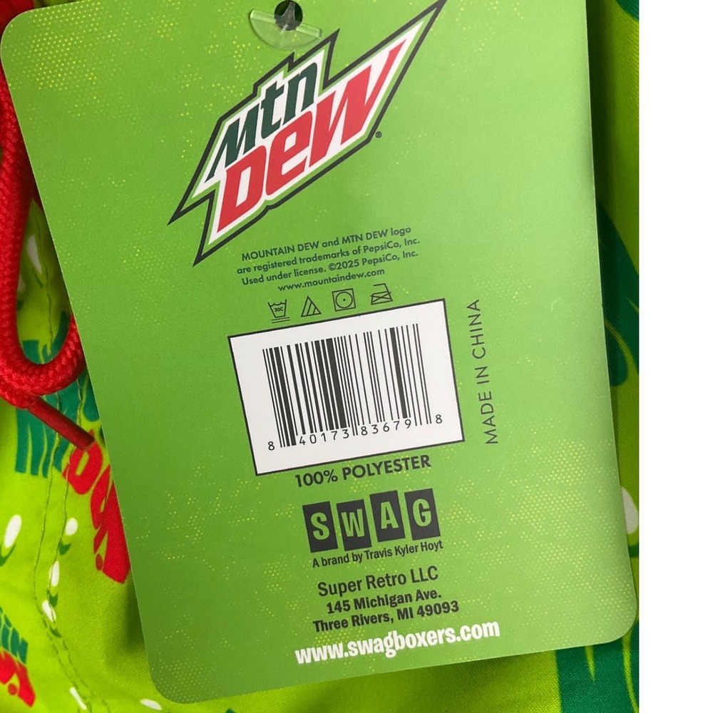 Mountain Dew Mens Swim Trunks Small Green Retro‎ Logo All Over Print New NWT - Picture 4 of 8